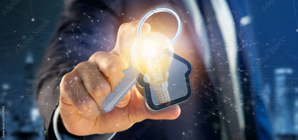 Poster man holding a key and house 3d rendering