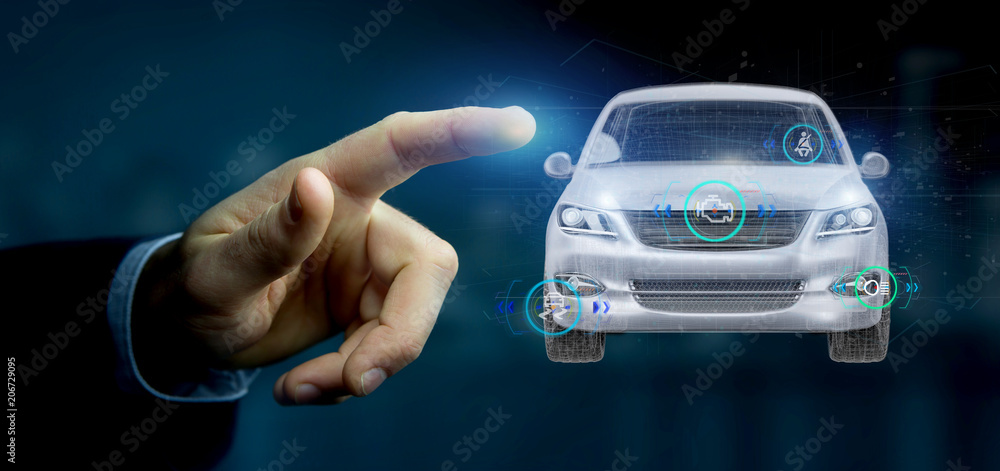 Poster man holding a smartcar with checkings 3d rendering