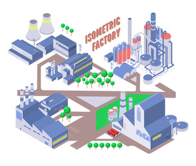 Set of four vector isometric industrial building, energy and chemical plant and other factories