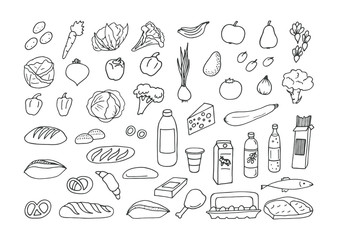 Sketches from groceries products on white background. Vector illustration.