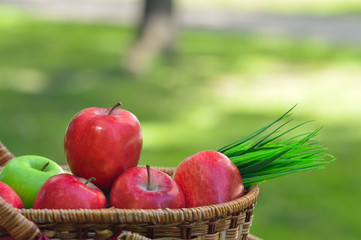 Fruit basket in the garden with red apples background