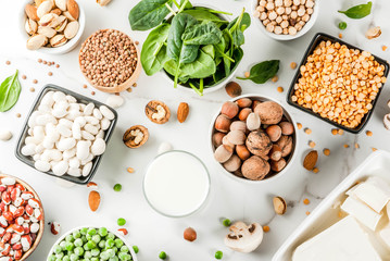 Healthy diet vegan food, veggie protein sources: Tofu, vegan milk, beans, lentils, nuts, soy milk,...