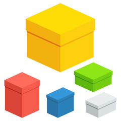 Fototapeta premium Set of multicolored, colourful packing boxes. Flat isometric vector cartoon illustration. Objects isolated on a white background.