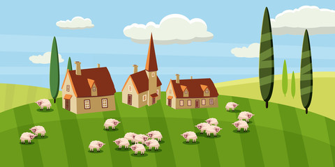 Rural landscape with a beautiful view of distant fields and hills. Farm, sheeps. Vector illustration. cartoon style