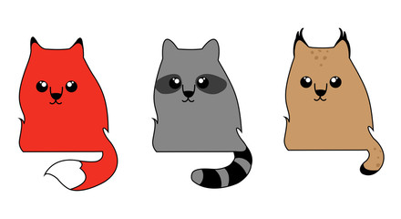 Cute forest animals: a fox, raccoon, and bobcat. A set of cartoon characters, logo, icons.