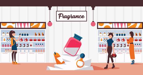 Vector horizontal illustration with fragrance boutique corner, women choosing perfume. Interior of shop and customers.