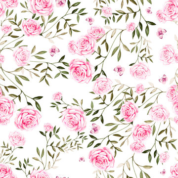 Seamless pattern with watercolor  roses flowers. 