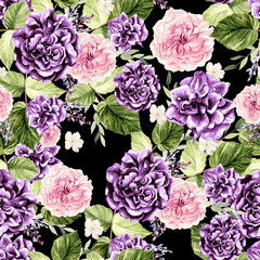 Obraz premium Beautiful watercolor pattern with flowers rose and eucalyptus, leaves, lavender. 