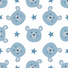 Repeated stars and heads of funny bears. Cute seamless pattern for children.