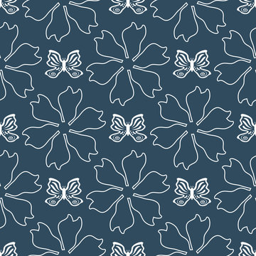 Repeated outlines of flowers and butterflies drawn by hand. Feminine seamless pattern.