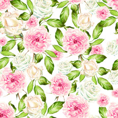 Beautiful watercolor pattern with flowers rose and peony. 