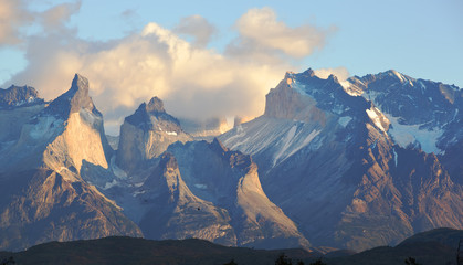 Beautiful first sunrise light on Torres del Paine Mountains, Chilie