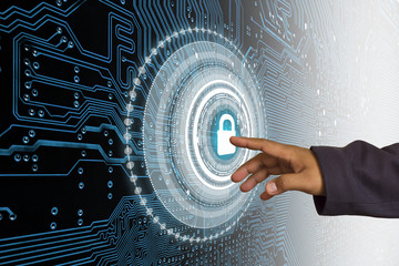 Businessman showing the touch of a modern lock button. Block chain and Classification of data 