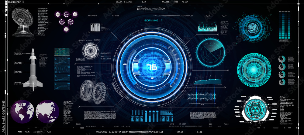 Poster hud ui elements set. colorful technology elements sci-fi for app ( cockpit, interface, dashboard, in
