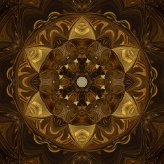 Abstract gold rich ornament. Sacred geometry art. Luxury kaleidoscopic golden mandala artwork. Fractal artistic decor. Creative pattern for print matter. Template for decoration of design products.