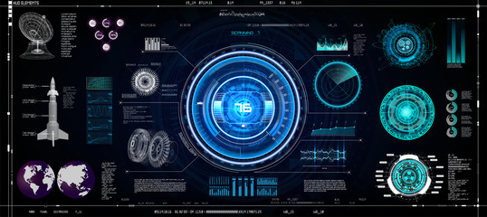 Hud Ui Elements Set. Colorful Technology Elements Sci-Fi for App ( Cockpit, Interface, Dashboard, Infographics, Radar, Spaceship, Futuristic Circle, Statistic and Data ) Vector in Hud Ui Style - obrazy, fototapety, plakaty