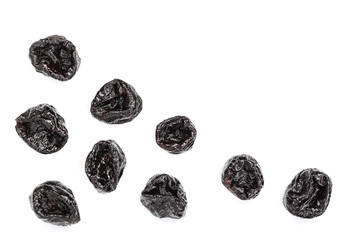 Dried plum - prunes isolated on a white background with copy space for your text. Top view. Flat lay