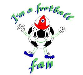 Funny Soccer Ball with peaked cap on a white Background. Vector illustration, print, Football character with lettering