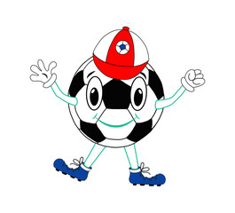 Funny Soccer Ball with peaked cap on a white Background. Vector illustration, print, Football character