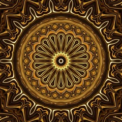 Abstract gold rich ornament. Sacred geometry art. Luxury kaleidoscopic golden mandala artwork. Fractal artistic decor. Creative pattern for print matter. Template for decoration of design products.