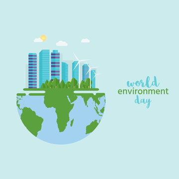 Happy World Environment Day postcard with green city background, wind turbine.