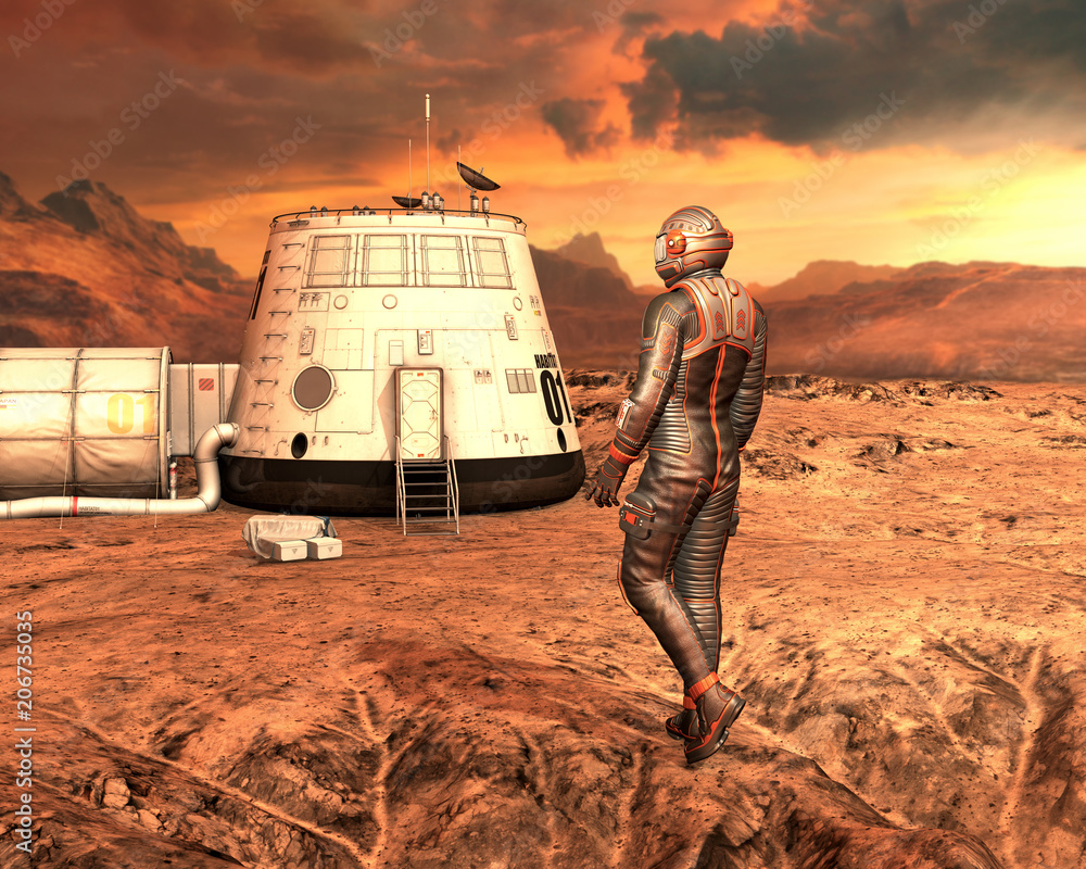 Wall mural astronaut on planet mars surface, approaching mars habitat. 3d rendering.
