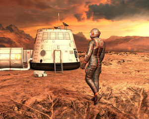 Astronaut on planet Mars surface, approaching Mars habitat. 3D rendering. - obrazy, fototapety, plakaty