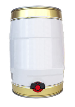 Small individual gold and white colored metal beer keg with tap. Isolated.