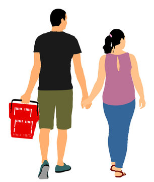 Couple in love holding hand and walking in shopping market vector illustration. People with consumer basket buy food and another goods. Happy family grocery shopping in supermarket. Man and woman. 