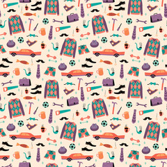 Vector seamless pattern with mans things. Happy Fathers Day concept.