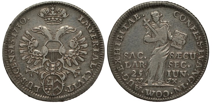 Germany German coin 1 one ducat 1730, coinage in silver, City of Lubeck, 200th Anniversary of Augsburg confession, eagle with two heads, shield below, crown on top, man with book and cross,