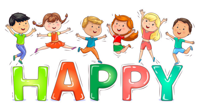 Cute kids jumping on colored word happy