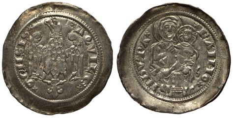 Italy Italian silver coin 1 one dinero 1277, Aquilee, ruler Duke Raimondo, eagle, Virgin Mary with baby Christ, 