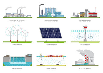 Vector set of illustrations. Alternative energy.Nuclear, hydro, biomass, tidal, solar, wind, geothermal, hydrogen and wave energy.