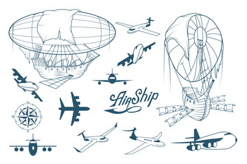 Retro Airship set. Different fantastic dirigible. Balloon. Retro Ship hovering in the air. Power-driven aircraft. Flying Dutchman. Vector graphics to design.