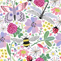 Vector summer meadow seamless pattern. Flowers, butterfly, dragonfly