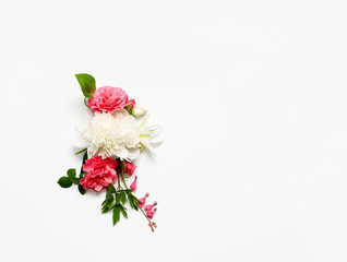 Flower arrangement of Alstroemeria, eustoma, roses, Bleeding heart on a white background