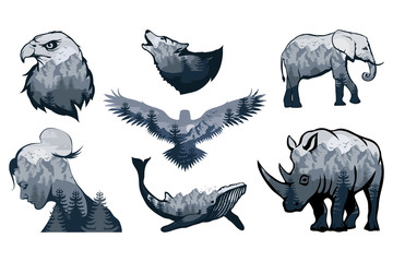 Double exposure set - elephant, rhinoceros, wolf, eagle, crows, whale, girl. Wildlife for your design, outdoors symbol. Vector graphics to design.