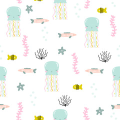 Cute underwater seamless pattern with jellyfish. Vector hand drawn illustration.