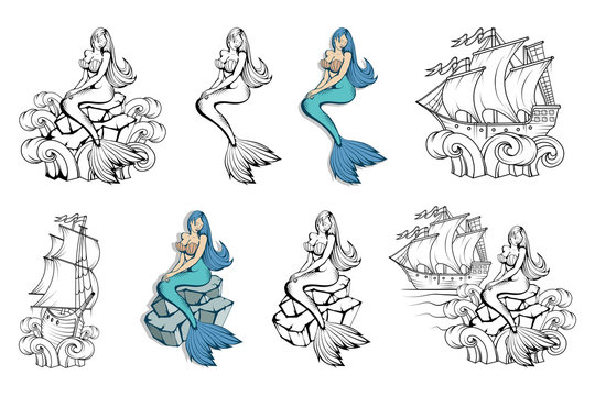 Mermaid set. Magic world illustration. Hand drawn mermaid. Fantasy world. Vector graphics to design.