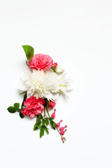 Flower arrangement of Alstroemeria, eustoma, roses, Bleeding heart on a white background