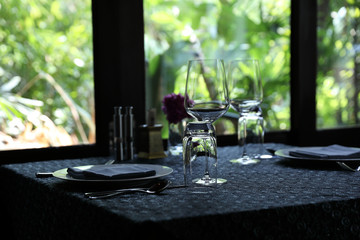 Table set with green nature background