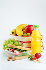 school lunch with a sandwich, fresh fruits and juice
