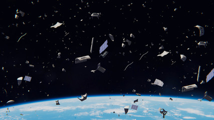 space debris in Earth orbit, dangerous junk orbiting around the blue planet  © dottedyeti
