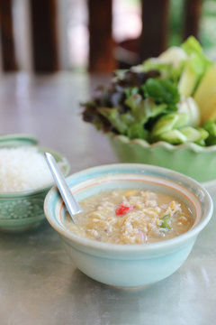 Herbed Soya Beans with Minced Pork in Coconut Milk with Fresh Vegetables , Traditional thai food