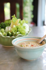 Herbed Soya Beans with Minced Pork in Coconut Milk with Fresh Vegetables , Traditional thai food