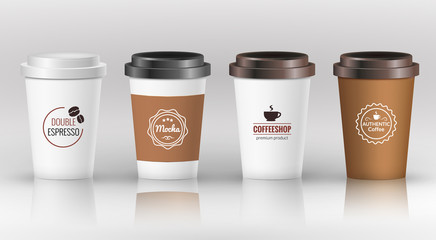 Coffee paper cup set with label. Brown plastic container for drink. Latte, mocha or cappuccino cup for cafe. Vector cover