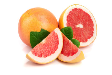 grapefruit and slice with leaves isolated on white background