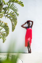 Exotic portrait of a beautiful and attractive black model woman wearing a red fringed dress with a fashion makeup posing on white wall and palm tree background. Exotic fashion concept