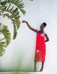 Exotic portrait of a beautiful and attractive black model woman wearing a red fringed dress with a...